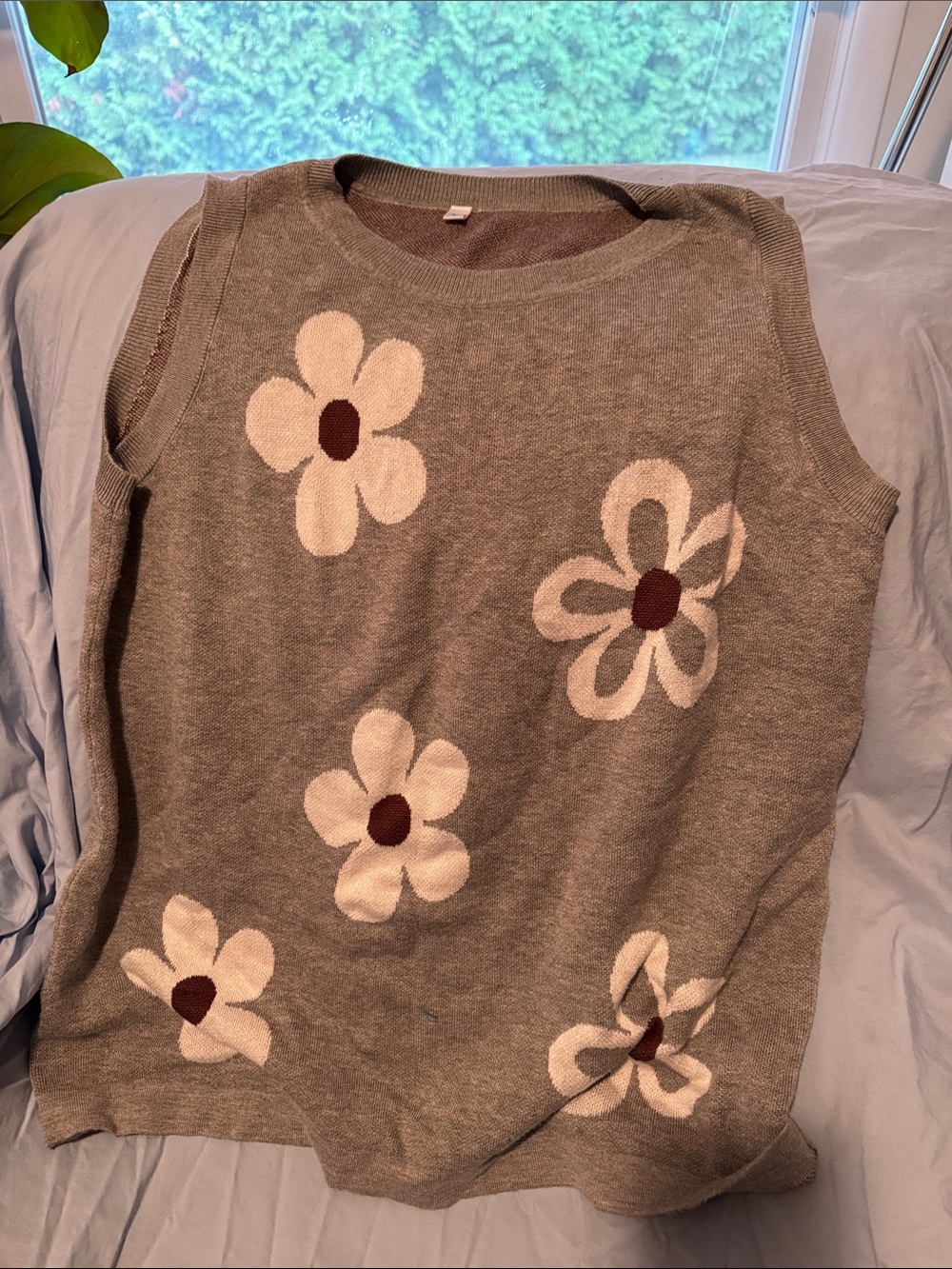 Kids Floral Knit Tank Top - Gray with Cream & Brown Flowers